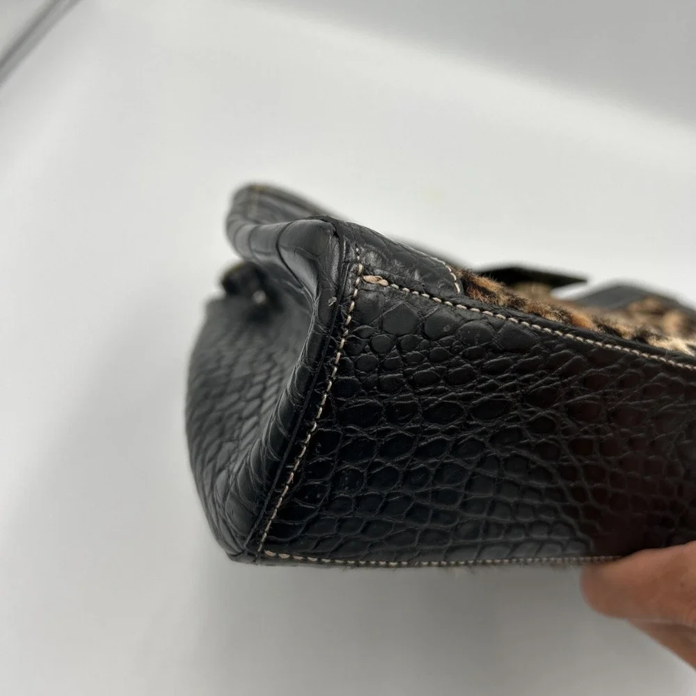 Vtg BRAHMIN Cheetah Print Calf Hair Black Italian Leather Croc Purse Bag 90's - Picture 7 of 14